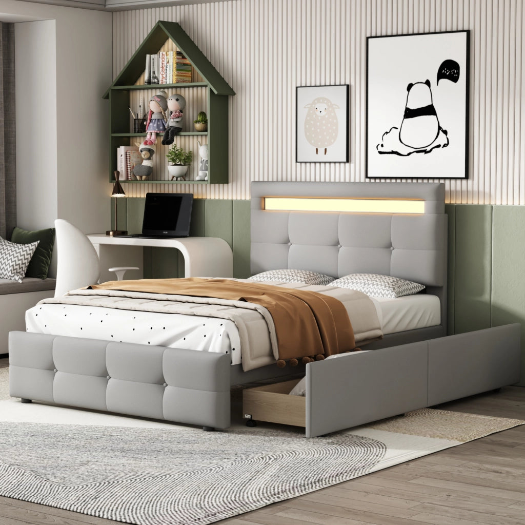 Letto singolo 90x200 cm imbottito con LED; 2 cassetti e rete a doghe; grigio