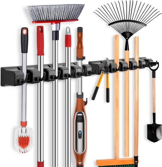 Due supporti per spazzola murale, supporto per apparecchiatura murale con 10 contenitori e 12 ganci, supporto per spazzola organizzatore di attrezzi per giardino organizzatore per casa cucina bagno garage giardino