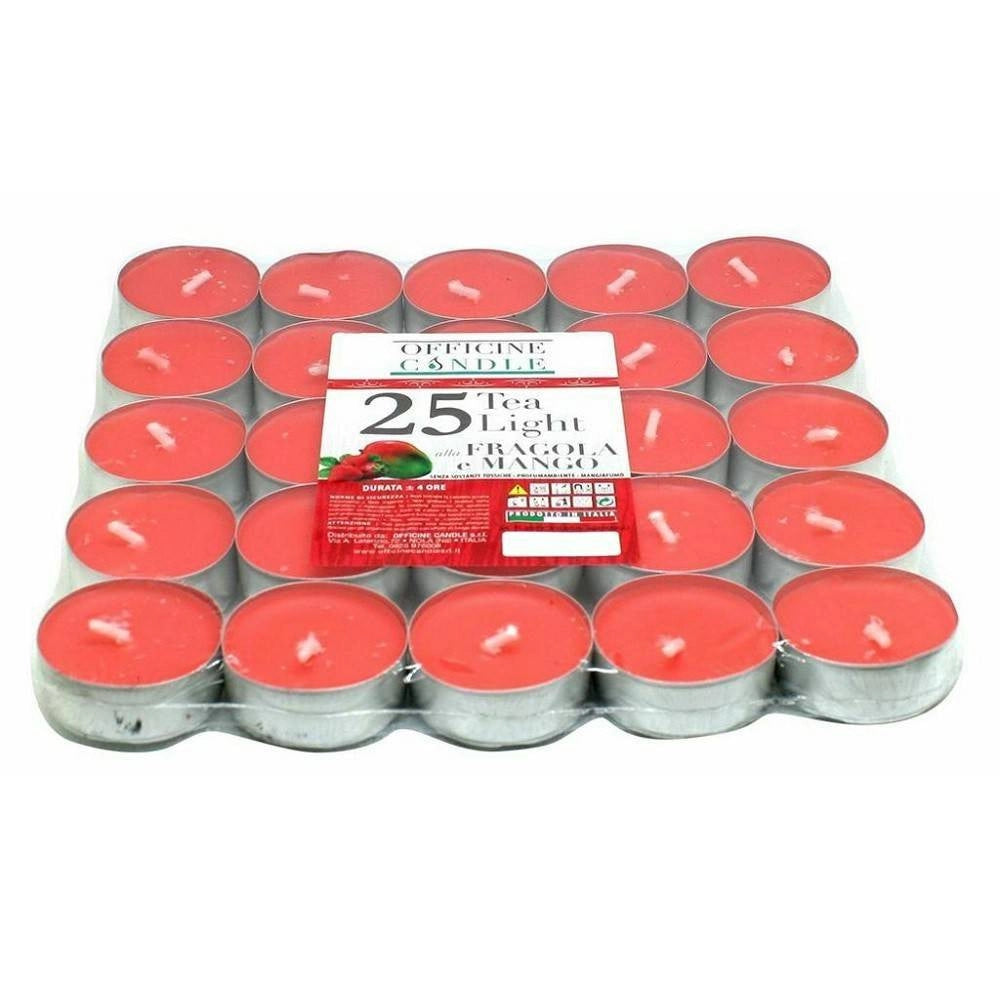 Trade Shop - Set 25 Pezzi Candele Rosse Profumate Fragranza Fragola E Mango Tealight Lumini -