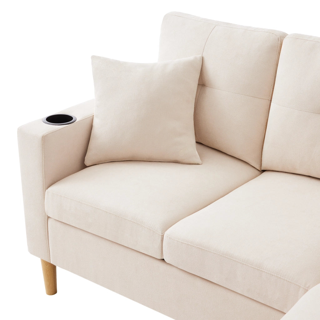 Sofa angolare con chaise longue reversibile, 3 posti, con contenitore, portabicchieri e 2 cuscini