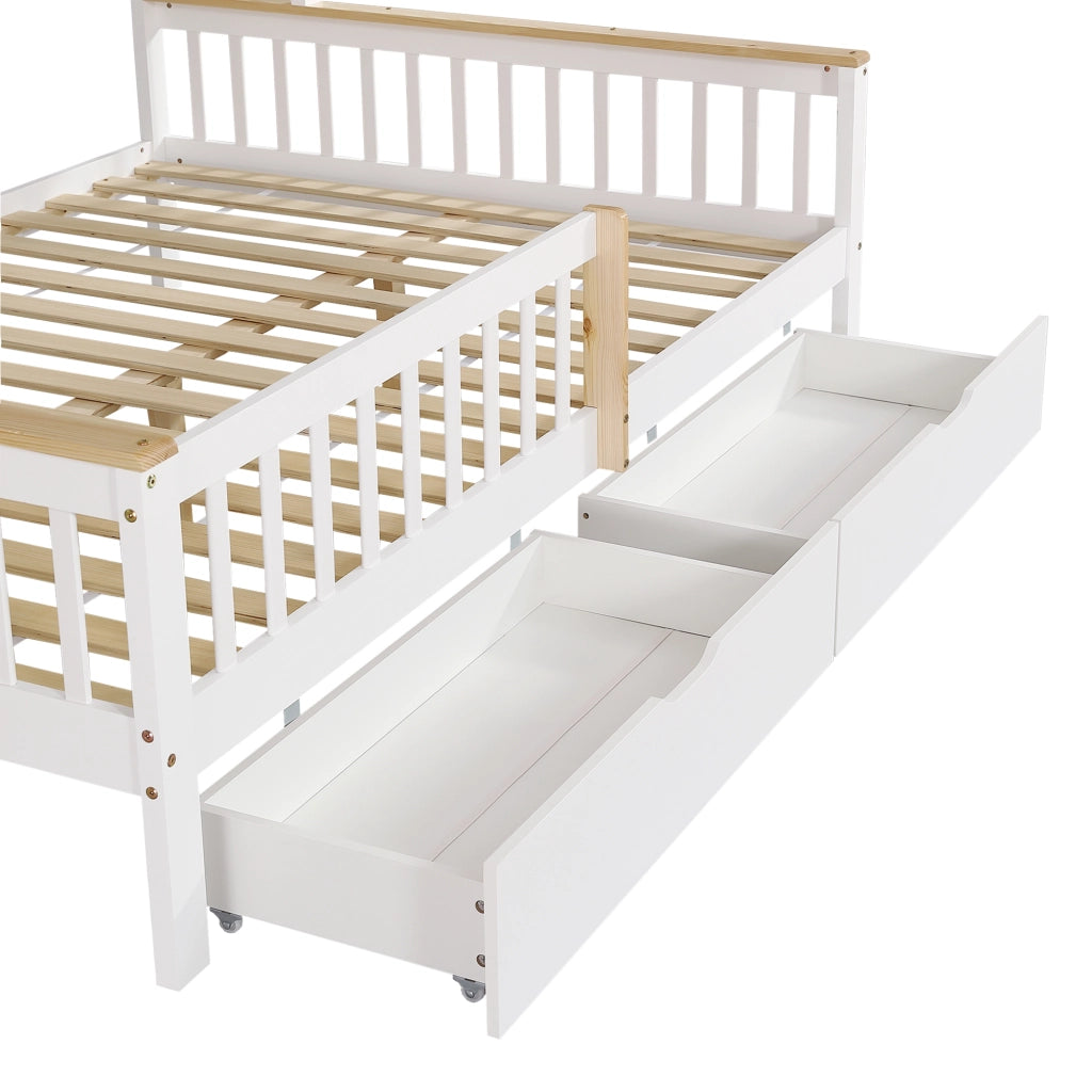 DESMIU Letto per bambini 140 × 200 cm con tetto, 2 cassetti, sponde di sicurezza, senza materasso, bianco e naturale