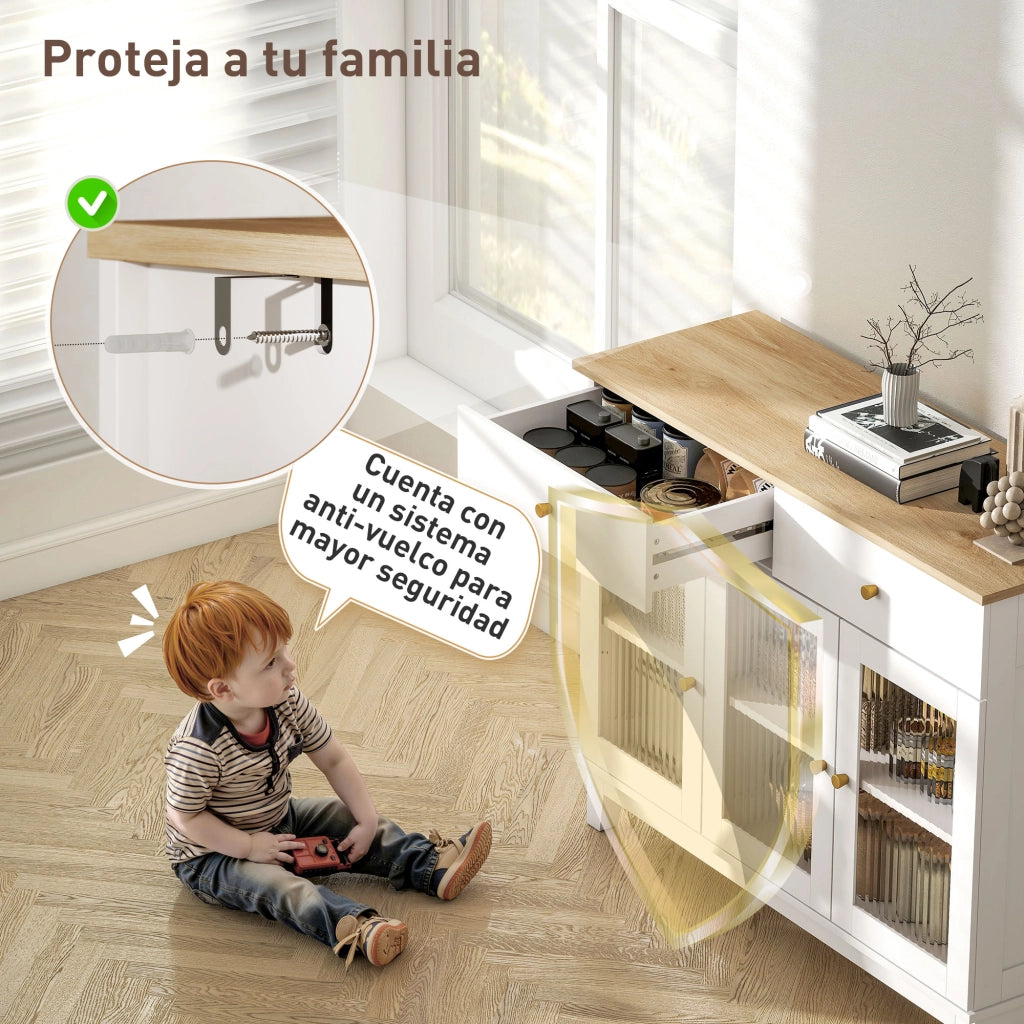 Credenza con 3 ante vetrate 2 cassetti e ripiani regolabili ¨C zephmum ¨C 100x35x80 cm bianco