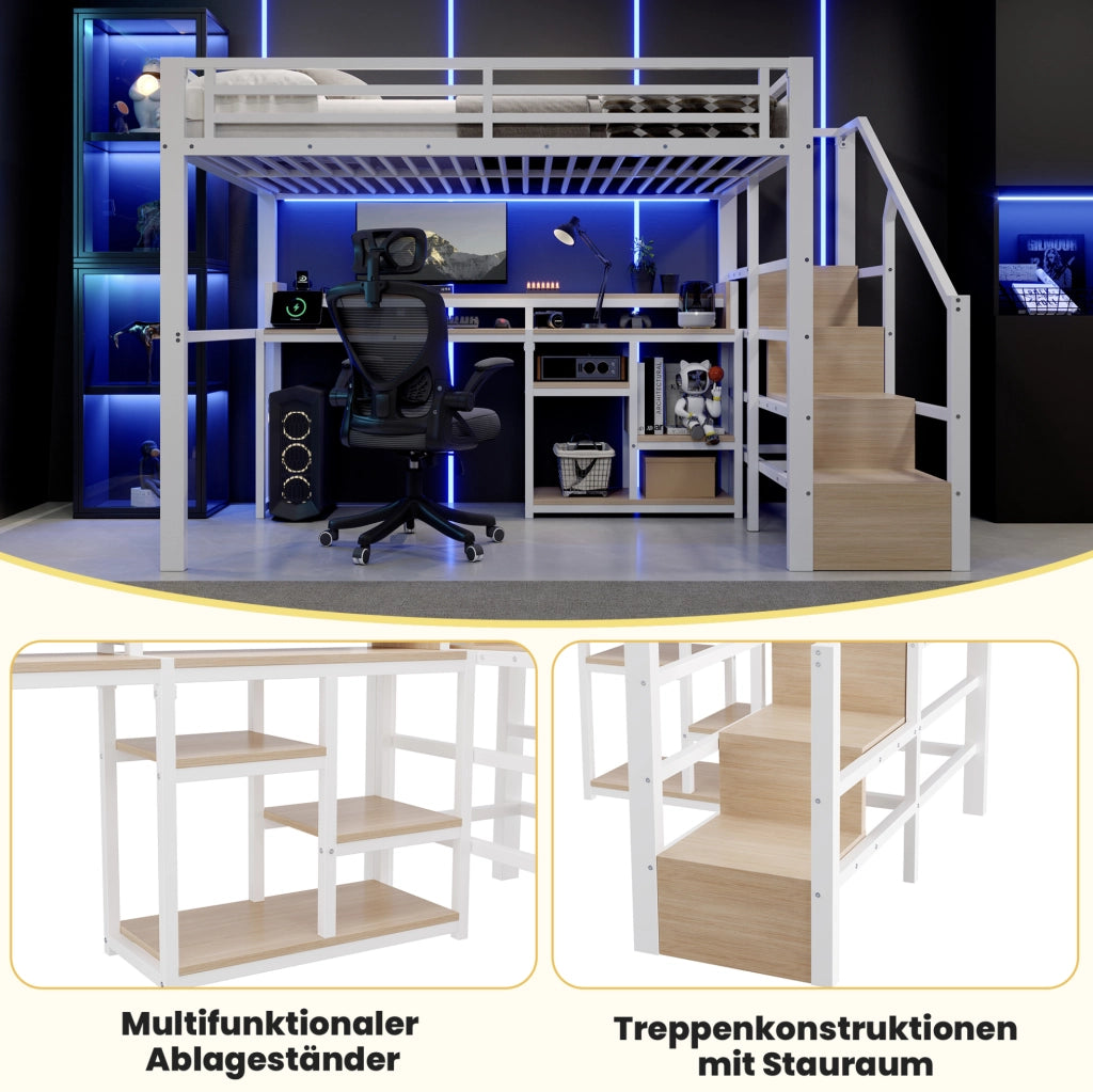 Letto a soppalco 140x200 cm in metallo e MDF; con scala armadio; LED e porte USB; bianco