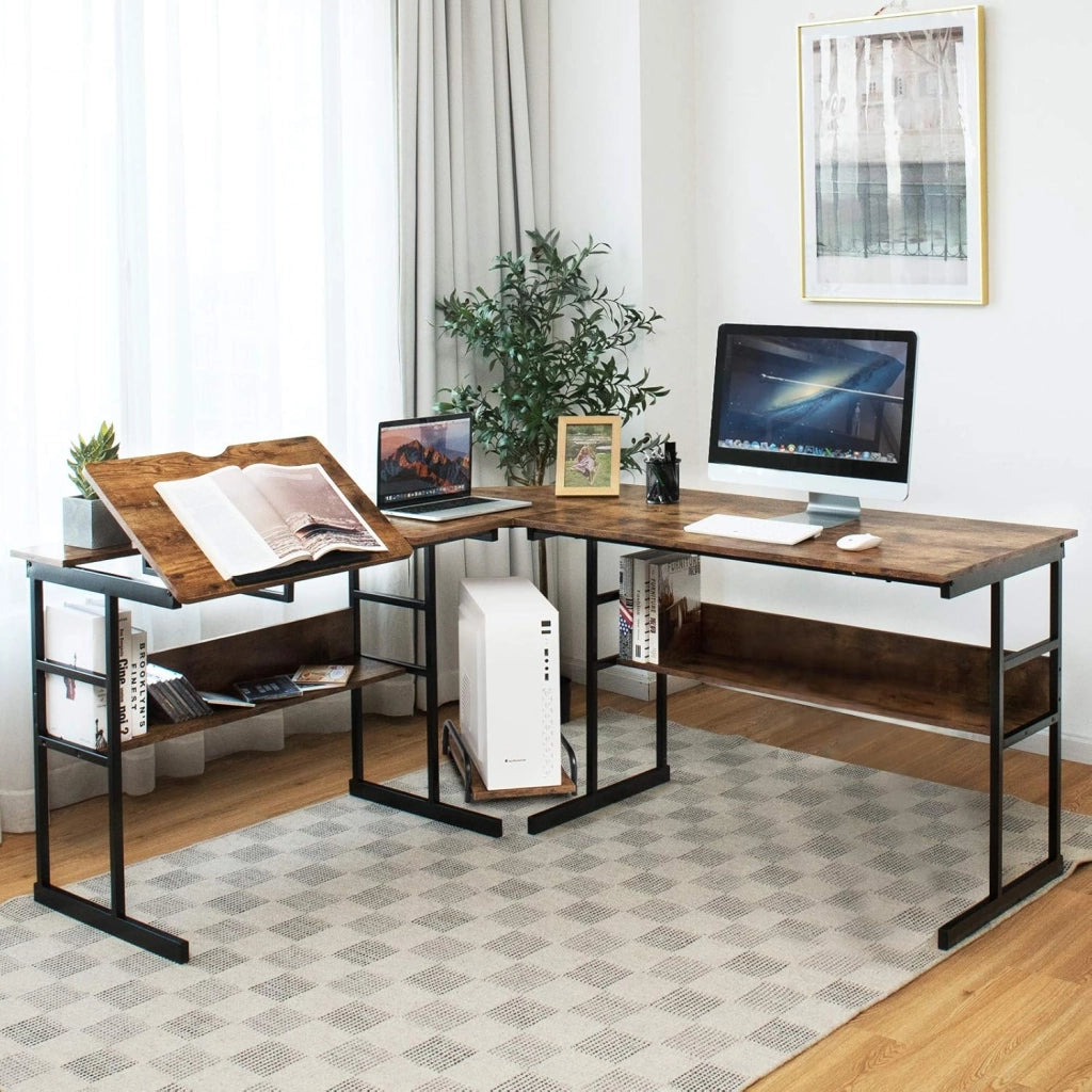 Scrivania ad angolo a forma di L 170 cm, Scrivania per computer con 2 ripiani, vassoio inclinabile, supporto per unità centrale, tavolo da computer, poco ingombrante, stile industriale (noce)