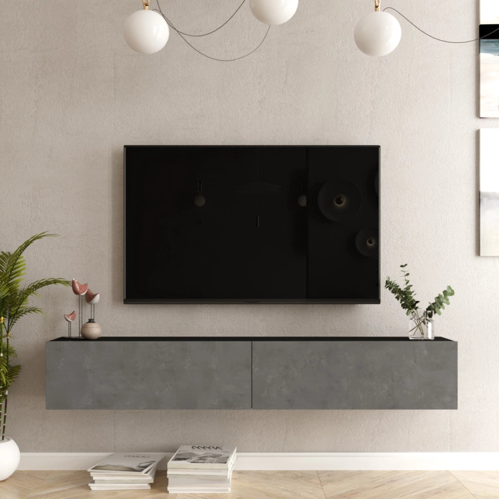 Mobile Porta TV Lapinlahti con 2 Ante a Ribalta Consolle da Parete 180 cm - Nero / Effetto Cemento [en.casa]