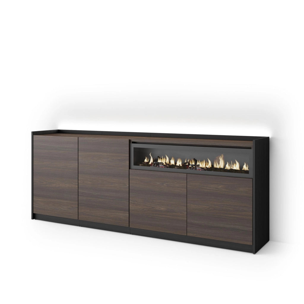 Credenza, Mobile, Cucina, 207x80x37 cm, 4 Porte, Camino elettrico, LED, Rovere scuro e Nero
