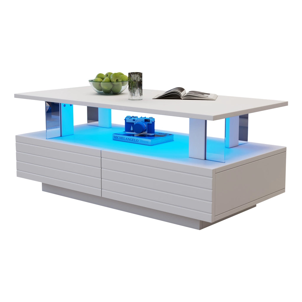 Tavolino da caffè con 2 cassetti; LED - per soggiorno - 100×50×42 cm - bianco