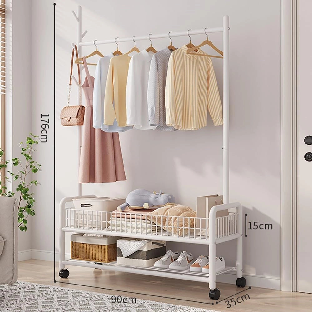 Appendiabiti Industriale con Struttura in Acciaio per riporre Le Scarpe, Ganci e Ripiani, Appendiabiti con Ruote, 90/120 cm x 35 cm x 176 cm, Organizer per corridoio, Supporta Fino a 100 kg