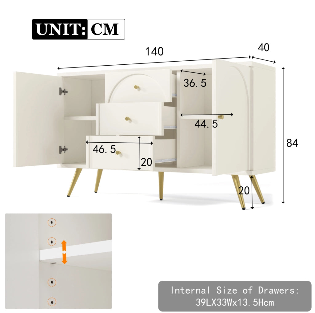 Credenza crema con 2 ante, 3 cassetti e ripiano regolabile