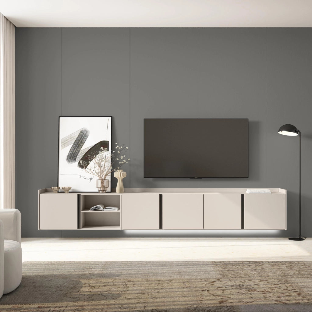 Mobile TV Soggiorno, 309x50x35 cm, Per TV fino a 80", Sospeso, da appendere, LED, Beige