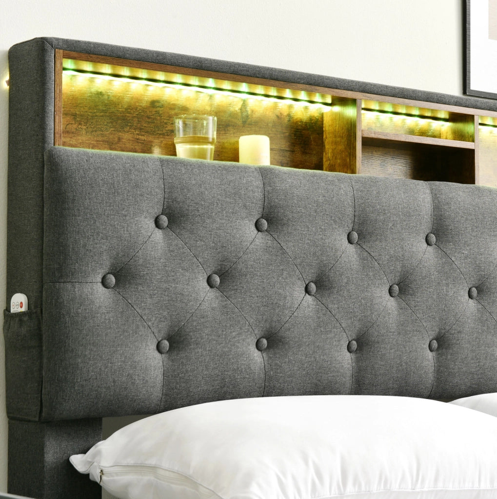 Letto matrimoniale imbottito con testiera contenitore e LED 140x200 cm; grigio