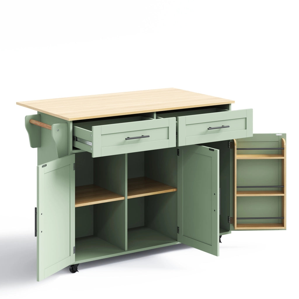 Carrello cucina con piano ribaltabile 129x71x91,5 cm verde antico, 2 cassetti, 3 vani, ruote e piedini