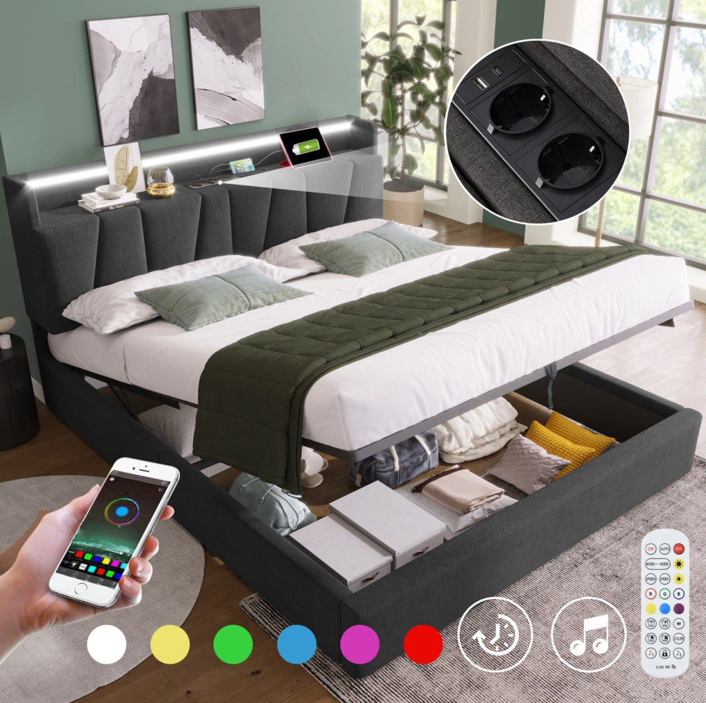 Letto matrimoniale imbottito 140x190 cm con contenitore; LED e prese USB; grigio
