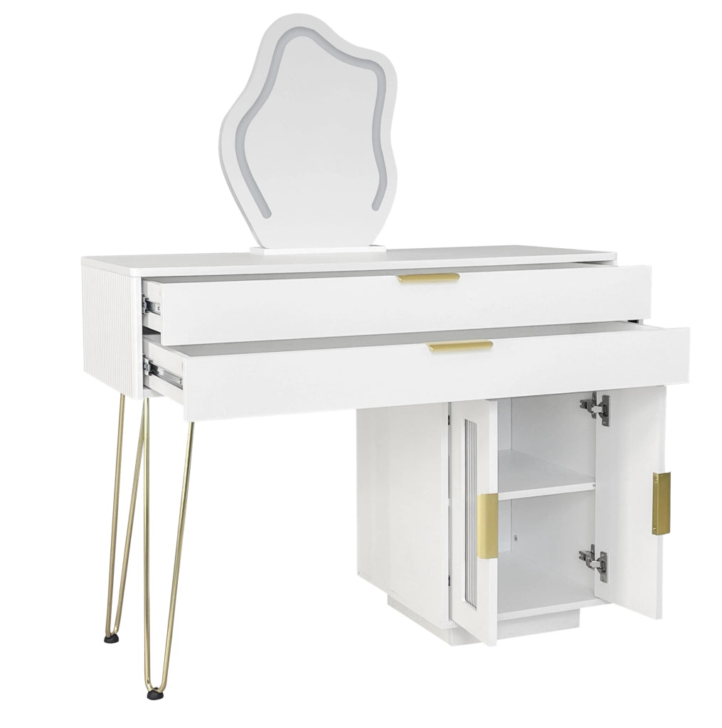 Toeletta bianca con specchio LED e mobile laterale scorrevole