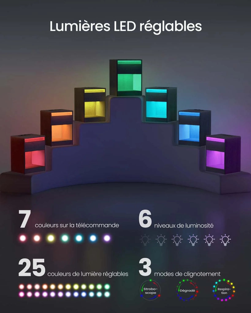 Comodino con multipresa tavolino laterale con luci LED regolabili comodino con cassetto 2 prese elettriche 2 porte USB moderno per camera da letto/soggiorno nero 12_0007661