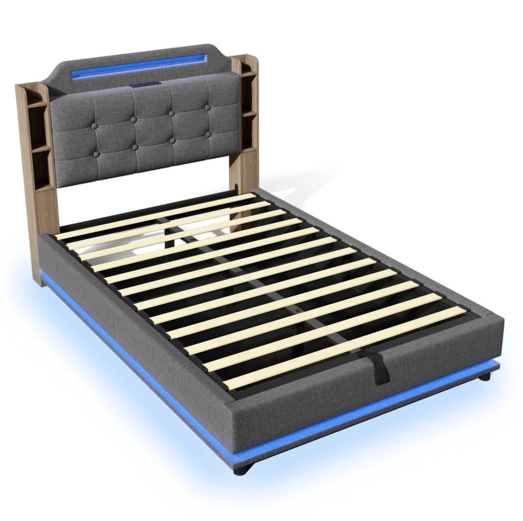 Letto matrimoniale imbottito 140x200 cm in lino grigio con LED; contenitore; USB e Type-C