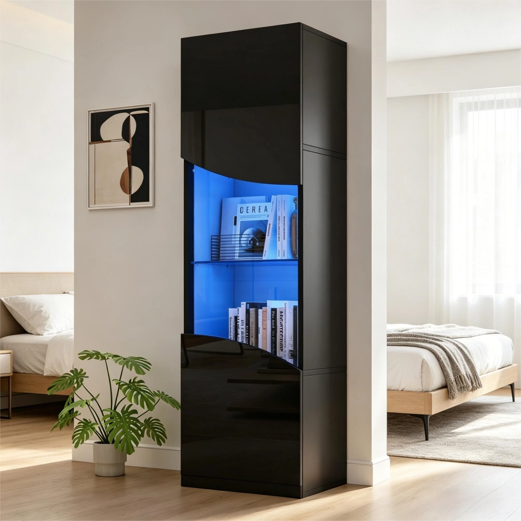VETRINA alta 35x50x165 cm nera lucida con LED e vetro temperato