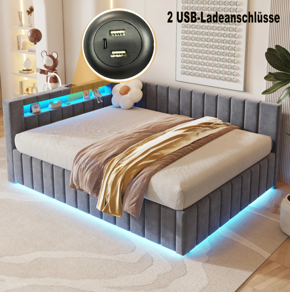Letto imbottito 140x200 con contenitore idraulico; LED; USB e rete a doghe; grigio