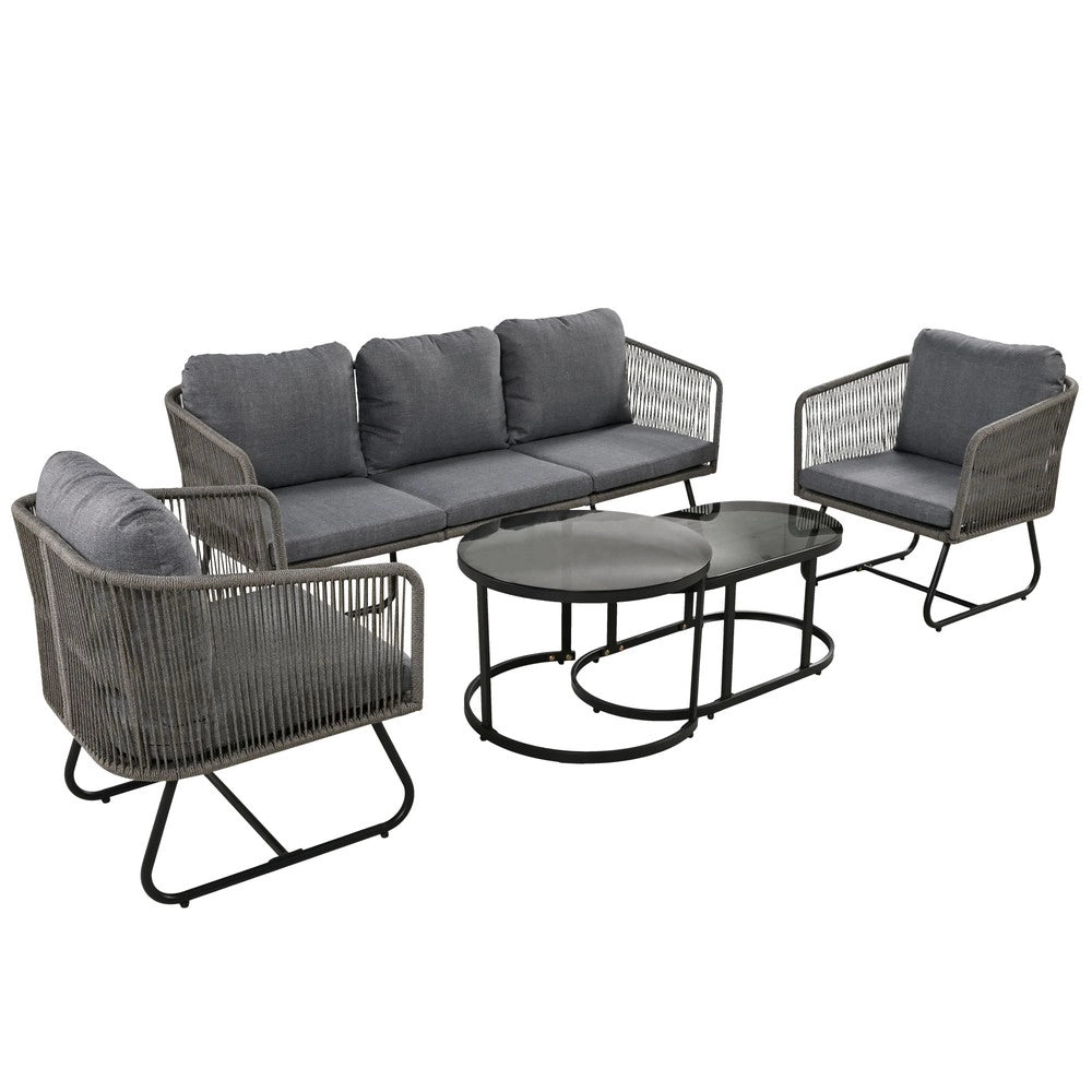 Set Lounge da Giardino 5 Pezzi con Cuscini ¨C Xylo ¨C Corda e Vetro, Grigio