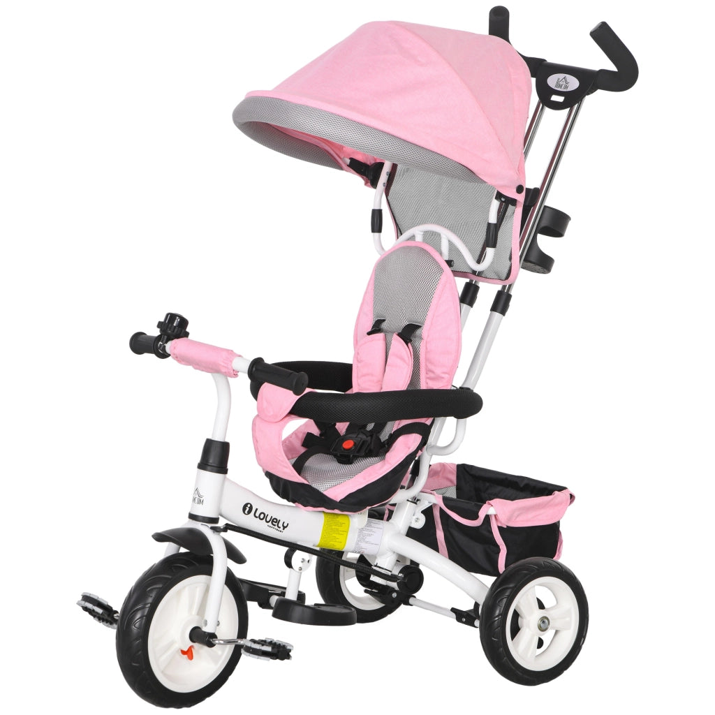 Triciclo 6 in 1 per Bambini ¨C Xylo ¨C con Maniglione, Tettuccio Regolabile e Cintura di Sicurezza, Rosa, 1-5 Anni