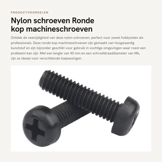 Viti in nylon - 30 pezzi neri - M6x40mm - Viti in plastica - Ideali per diverse applicazioni - Per uso universale - Viti a testa rotonda.