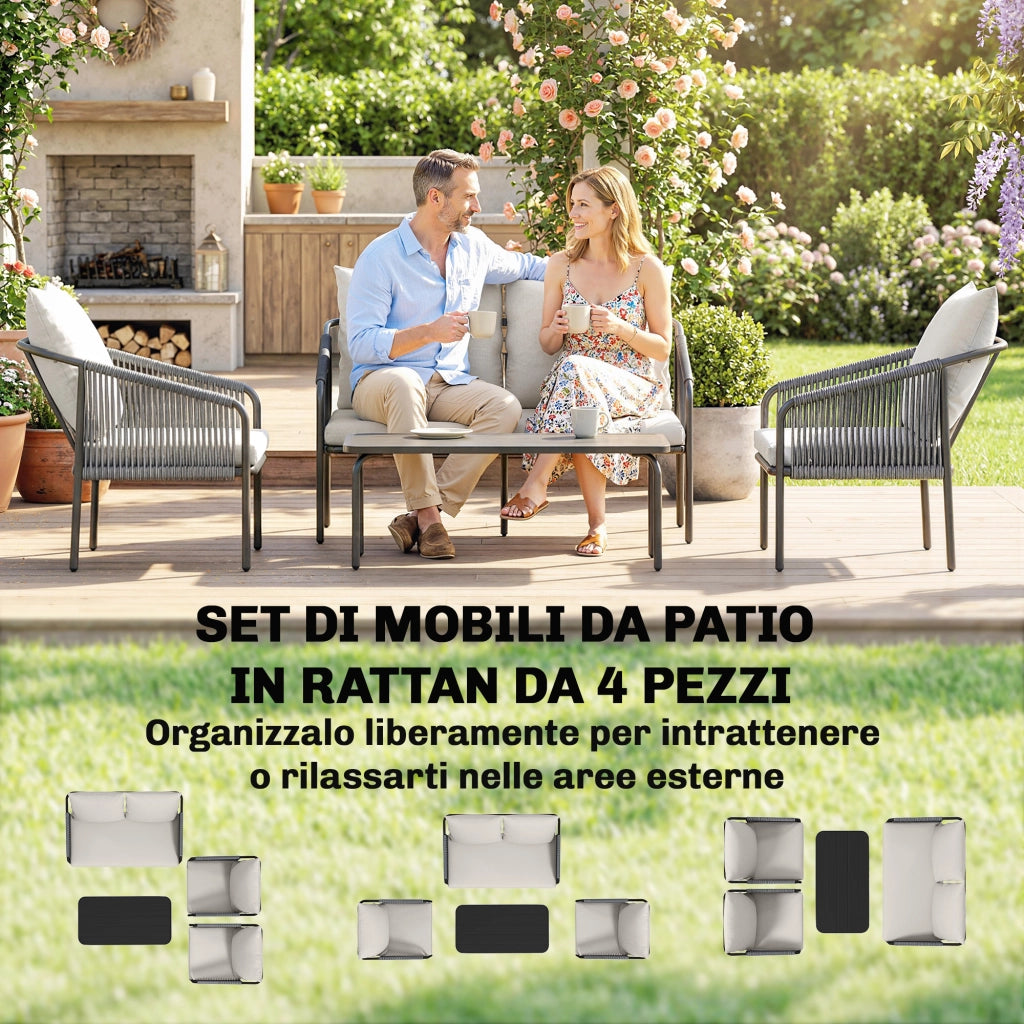 Set da Giardino in Rattan 4 Pezzi con Divano, Poltrone, Tavolo, Khaki