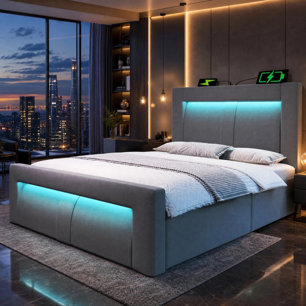 Letto singolo 90x200 cm con contenitore, LED con controllo app, porte USB e Type-C, velluto grigio