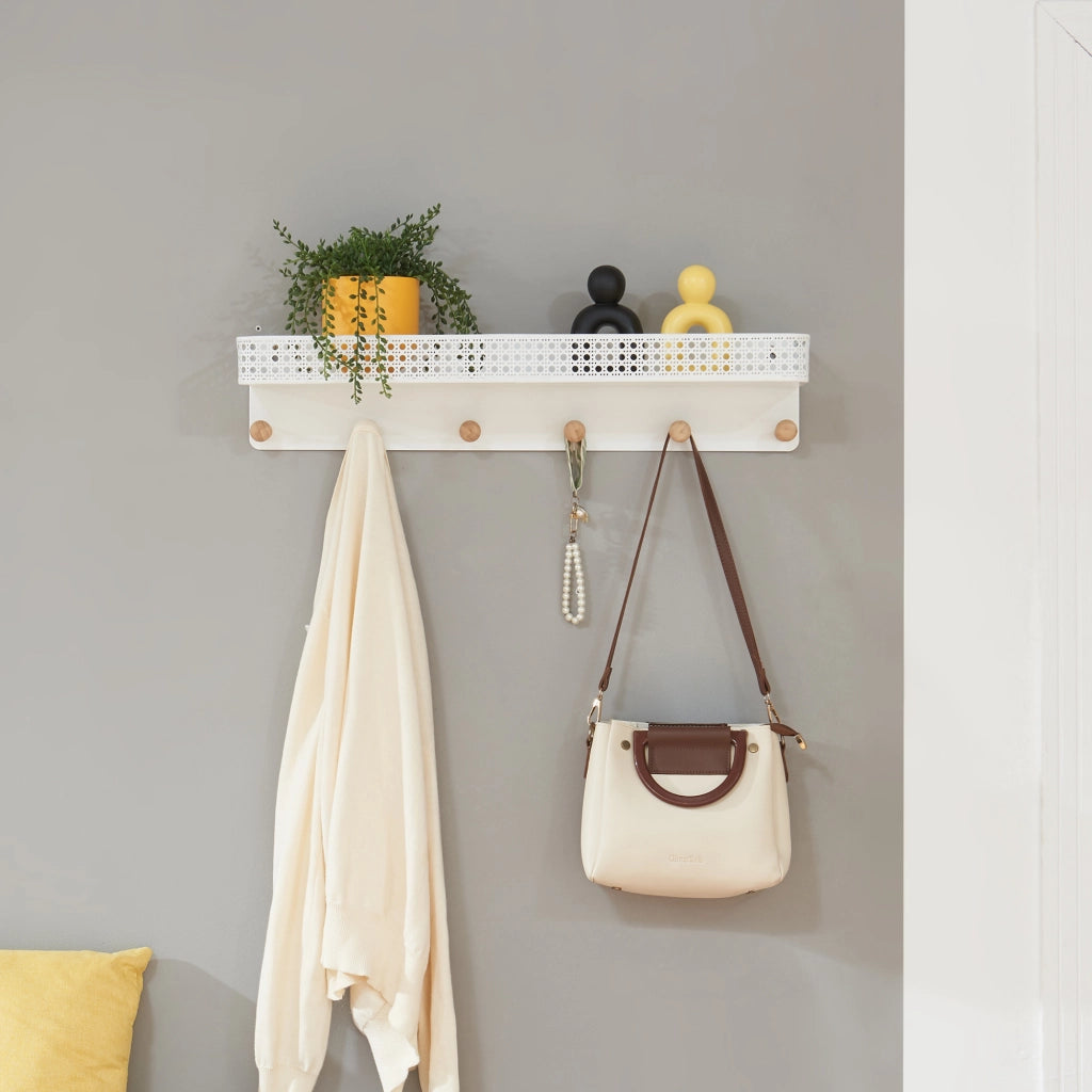 Appendiabiti da Parete Jäller con Mensola e 6 Ganci 60x14x12 cm Metallo - Bianco [en.casa]