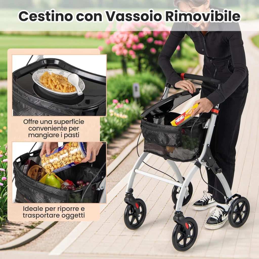 Deambulatore Sedia a Rotelle Pieghevole, Deambulatore per Anziani Leggero con Vassoio, Cesto, 4 Ruote e Freni, Deambulatore Regolabile in Altezza e Adatto per Spazi Stretti