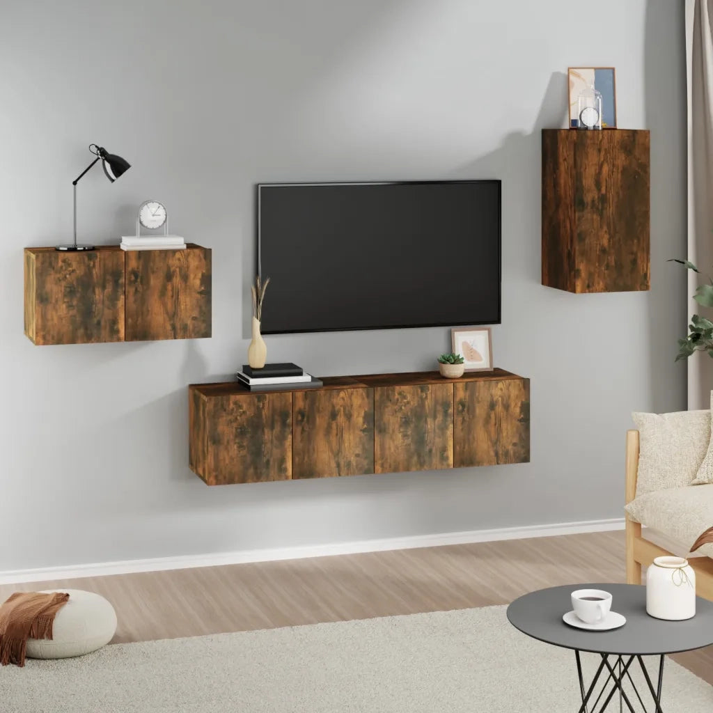 Set di Mobili Porta TV 4 pz | Armadietto TV | Mobile Porta TV Rovere Fumo in Legno Multistrato