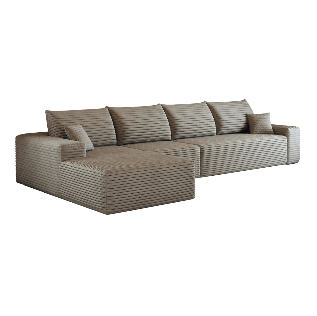 Divano angolare con chaise longue a L, 340 cm, tessuto a coste, Camel