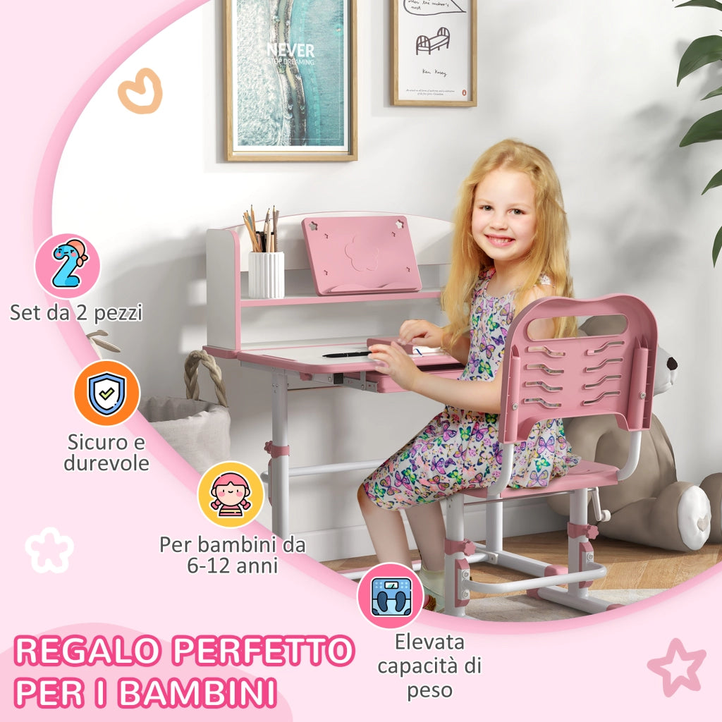 Scrivania Bambini con Sedia Regolabile e Piano Inclinabile ¨C zephmum ¨C Rosa