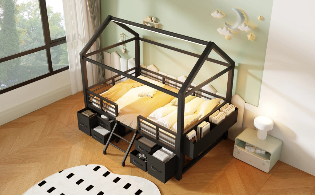 Letto a soppalco 90x200 cm in metallo e MDF; struttura a casetta con cassetti; nero