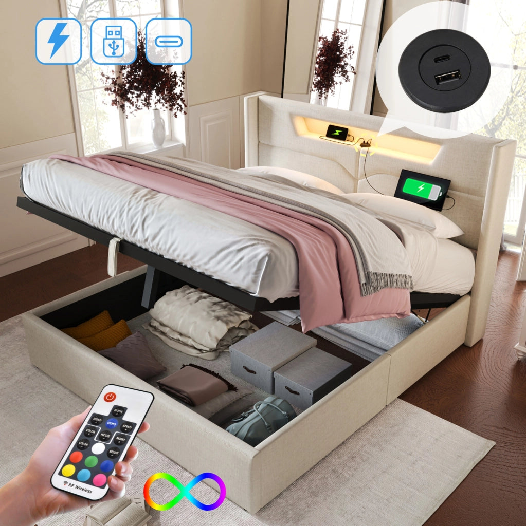 Letto imbottito 140x200 cm beige con LED, USB-C e contenitore