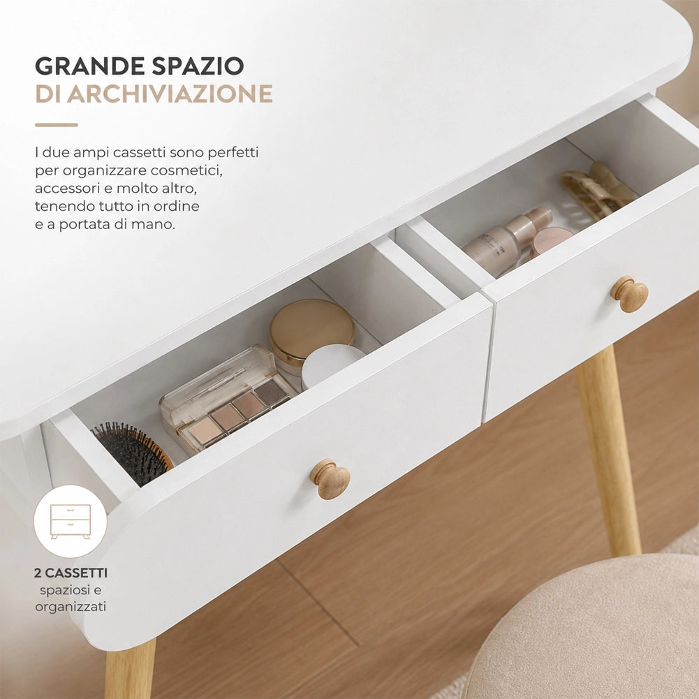 Toeletta Trucco Bianca con Specchio Rotondo Postazione Make Up 80x40x122cm