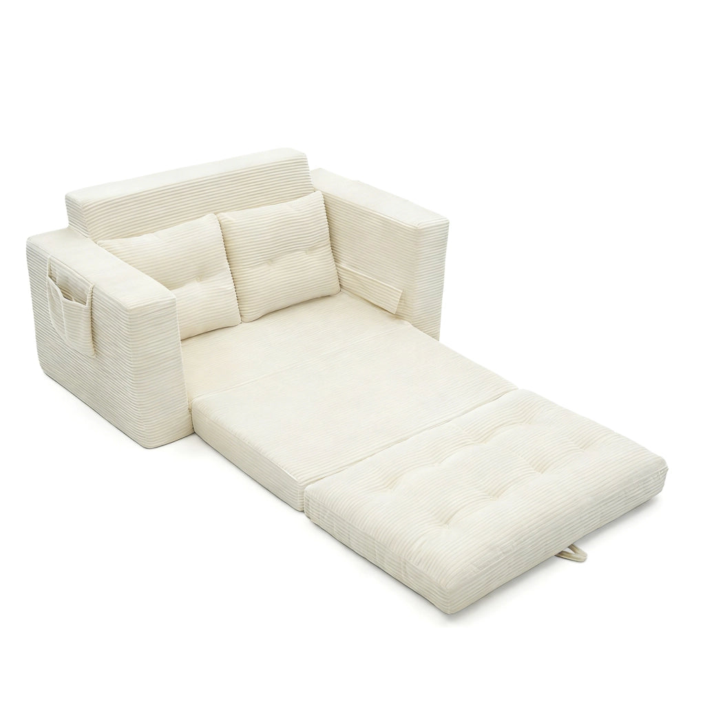 Divano letto a due posti in velluto a coste beige con tasche laterali e portabicchiere