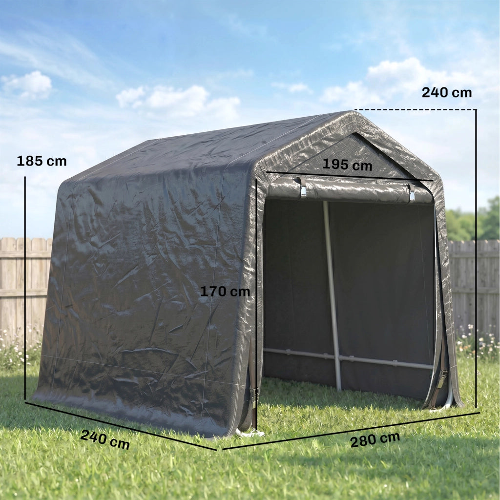 Tendone Garage per Auto, Moto e Attrezzi, in Metallo e Tessuto PE, 280x240x240 cm, Grigio