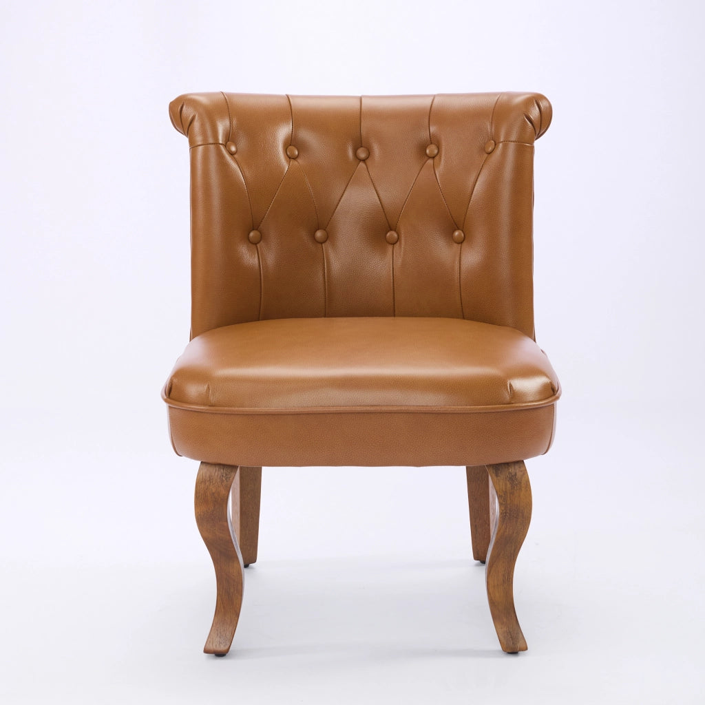 Sedia da pranzo in pelle con gambe in legno e bottoni decorativi - marrone chiaro