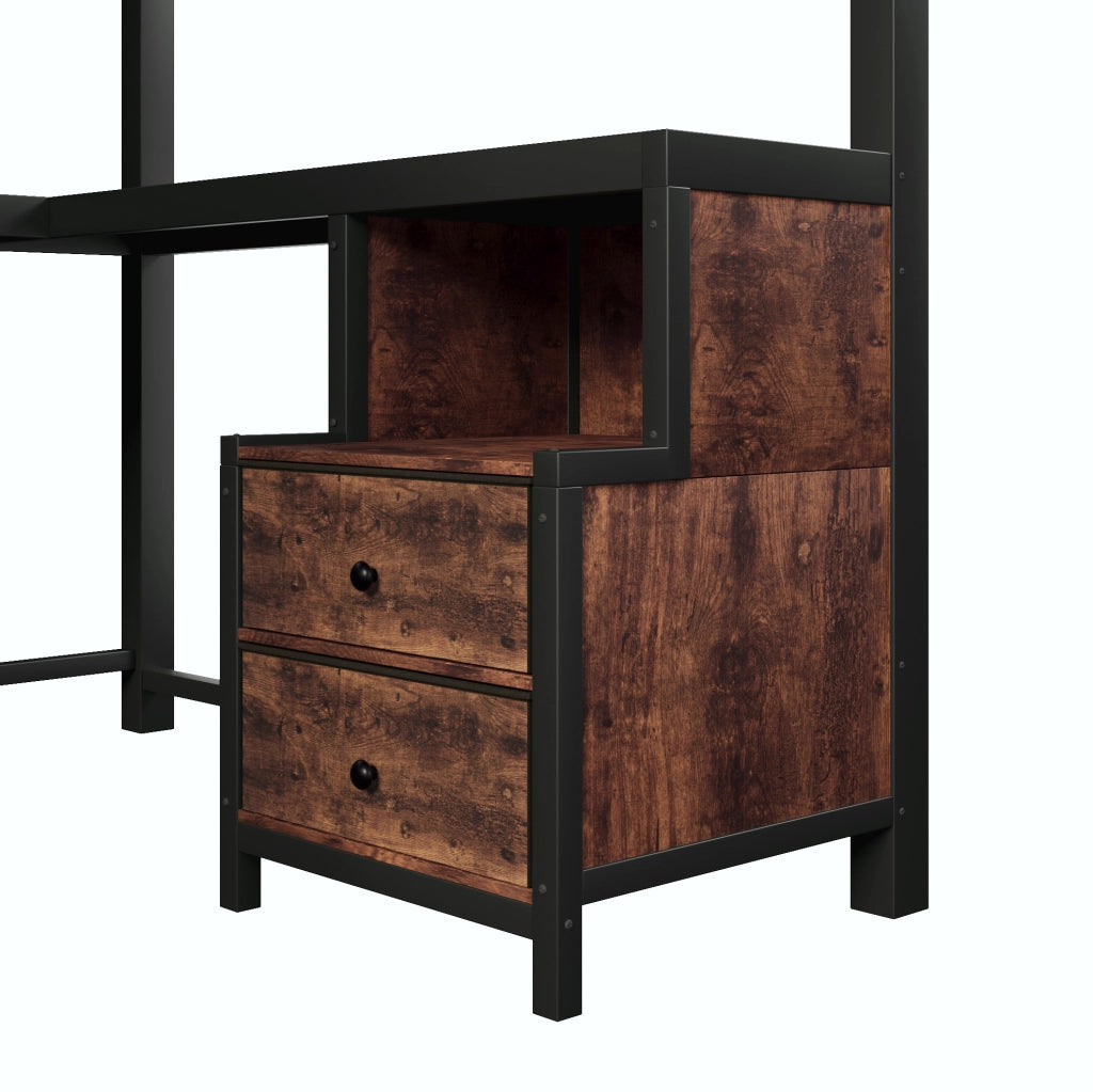 Letto a soppalco 140x200 cm con scrivania; LED e porta USB in metallo e legno nero
