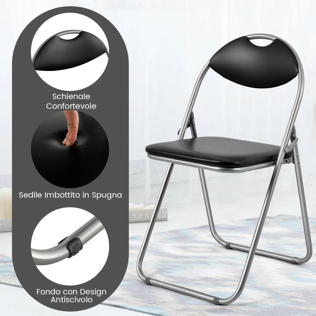 Set di 4 Sedie Pieghevoli Imbottite e Struttura in Metallo, Sedie da Pranzo Salvaspazio con Antiscivoli, Sedie Sala Riunione per Interno ed Esterno, 47 cm x 46 cm x 80 cm (Nero)