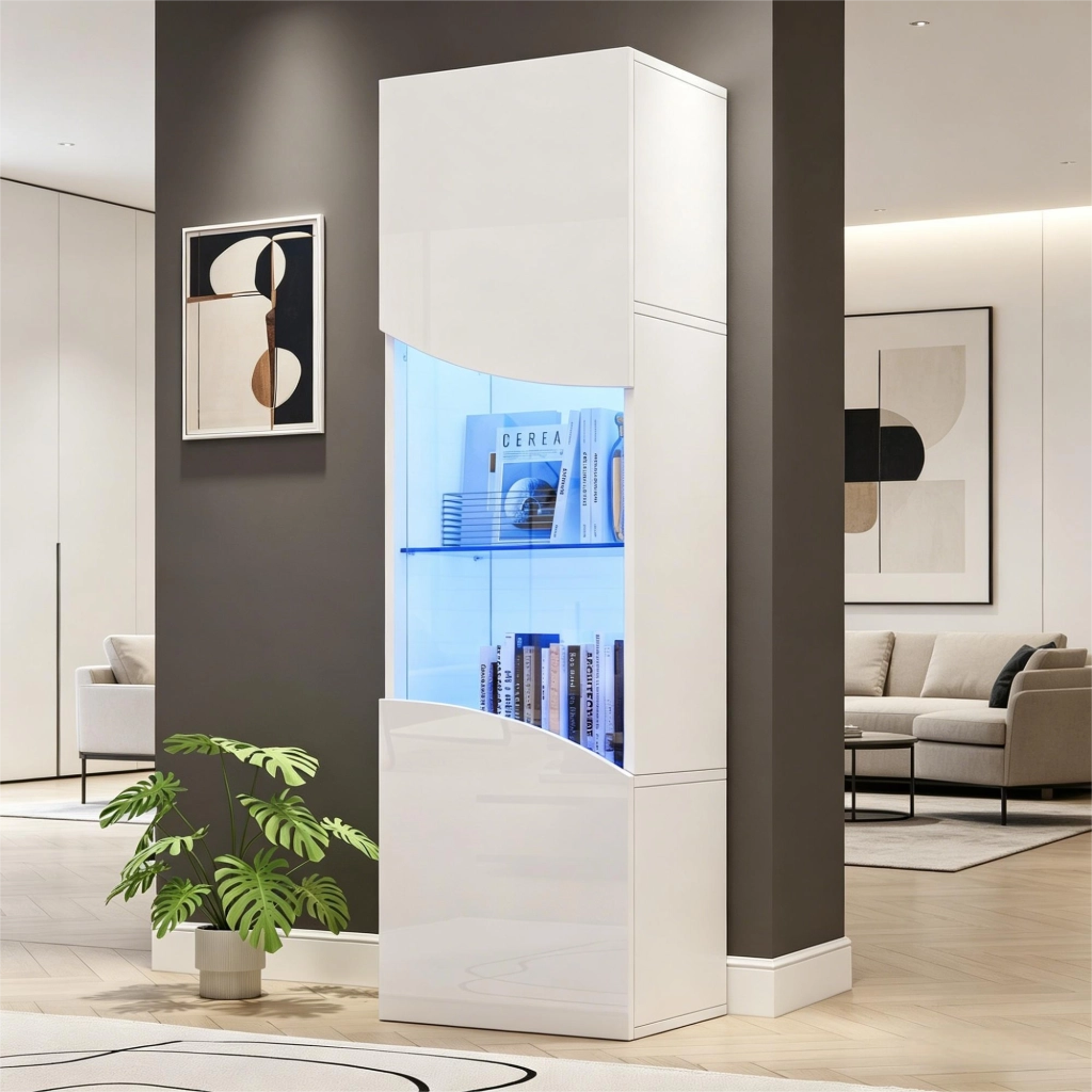 Vetrina alta con 4 ripiani e LED per soggiorno in truciolare e vetro 35×50×165 cm bianco