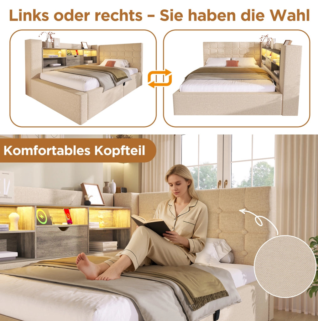 Letto singolo 90x200 cm con LED, ricarica USB e contenitore