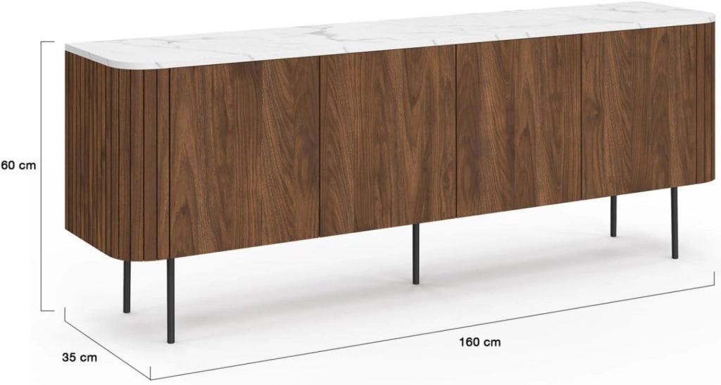 Credenza bassa MARLA 160 cm con 4 ante e doghe effetto noce e piano in marmo bianco ALASKA