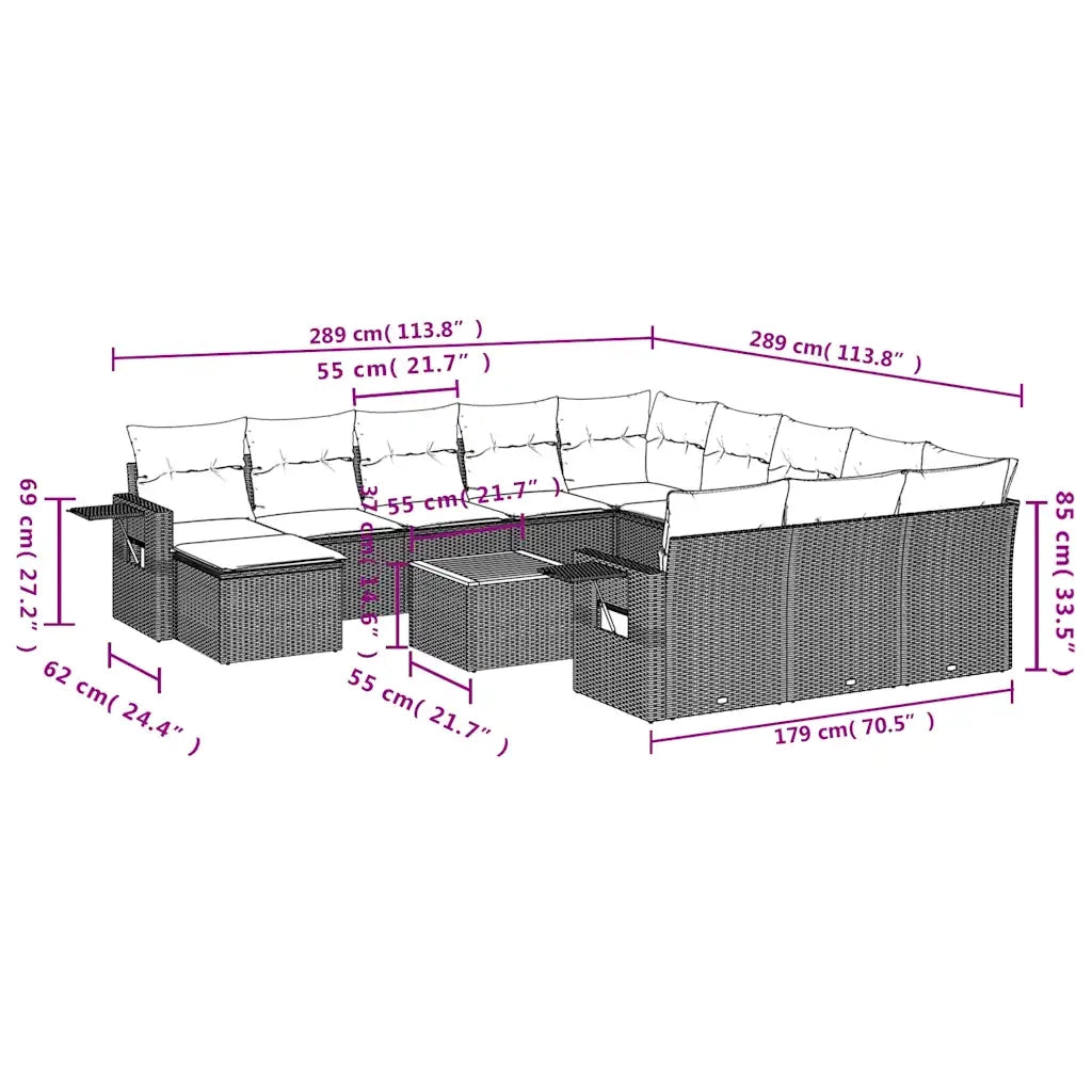 Set Divani da Giardino 13 pz con Cuscini Grigio in Polyrattan 3224871