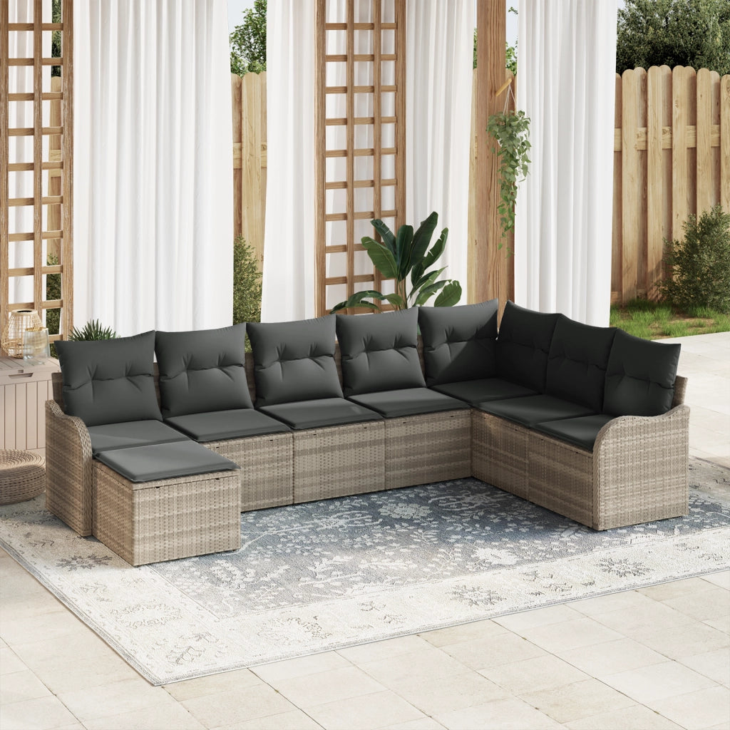 Set Divano da Giardino  con Cuscini Grigio Chiaro Polyrattan da 8 Pezzi