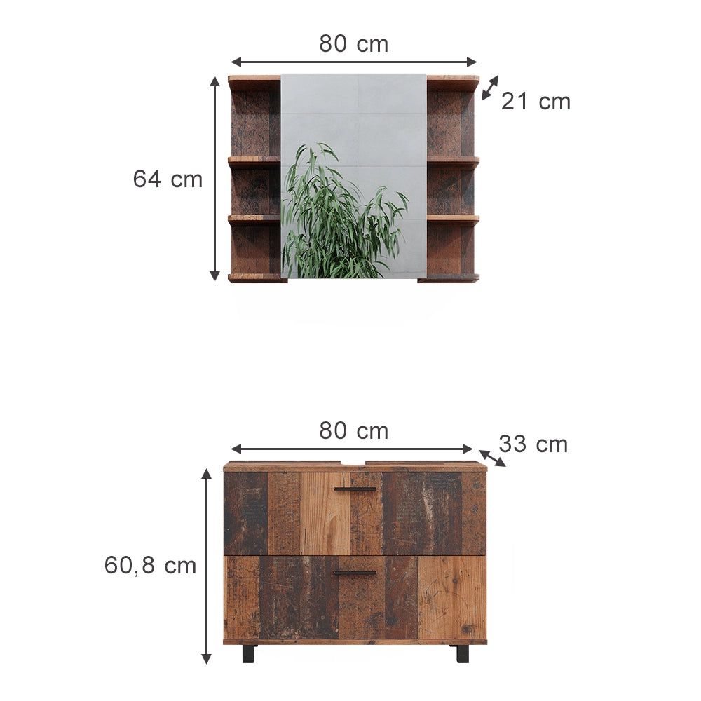 Vicco Set di mobili da bagno Rovere rustico 2 parti, mobile base 80 cm