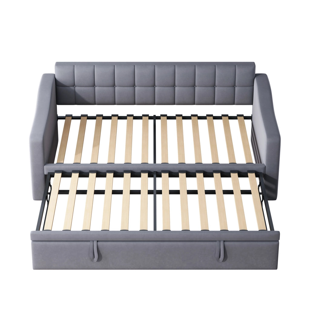 Letto imbottito estraibile 90x190 cm grigio in velluto con porte USB e struttura in metallo e legno