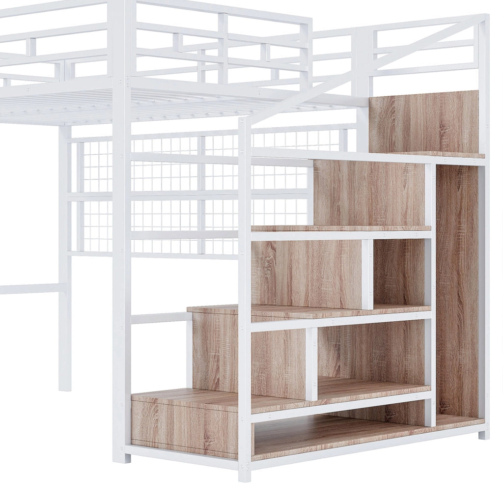 Letto a soppalco 140x200 cm con scala armadio e griglia; metallo; bianco; (Senza materasso)