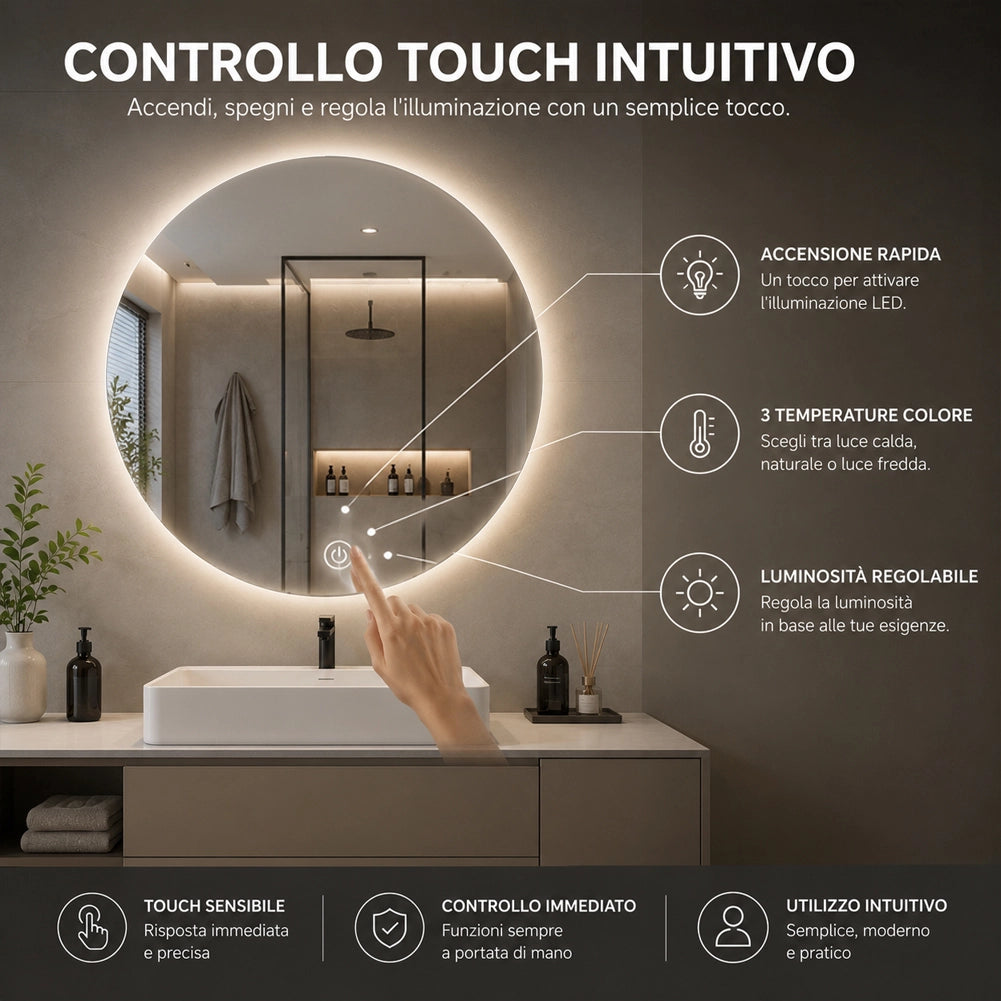 Specchio Tondo Diametro 60cm Led a 3 Colori Decorazione Interni Accensione Touch