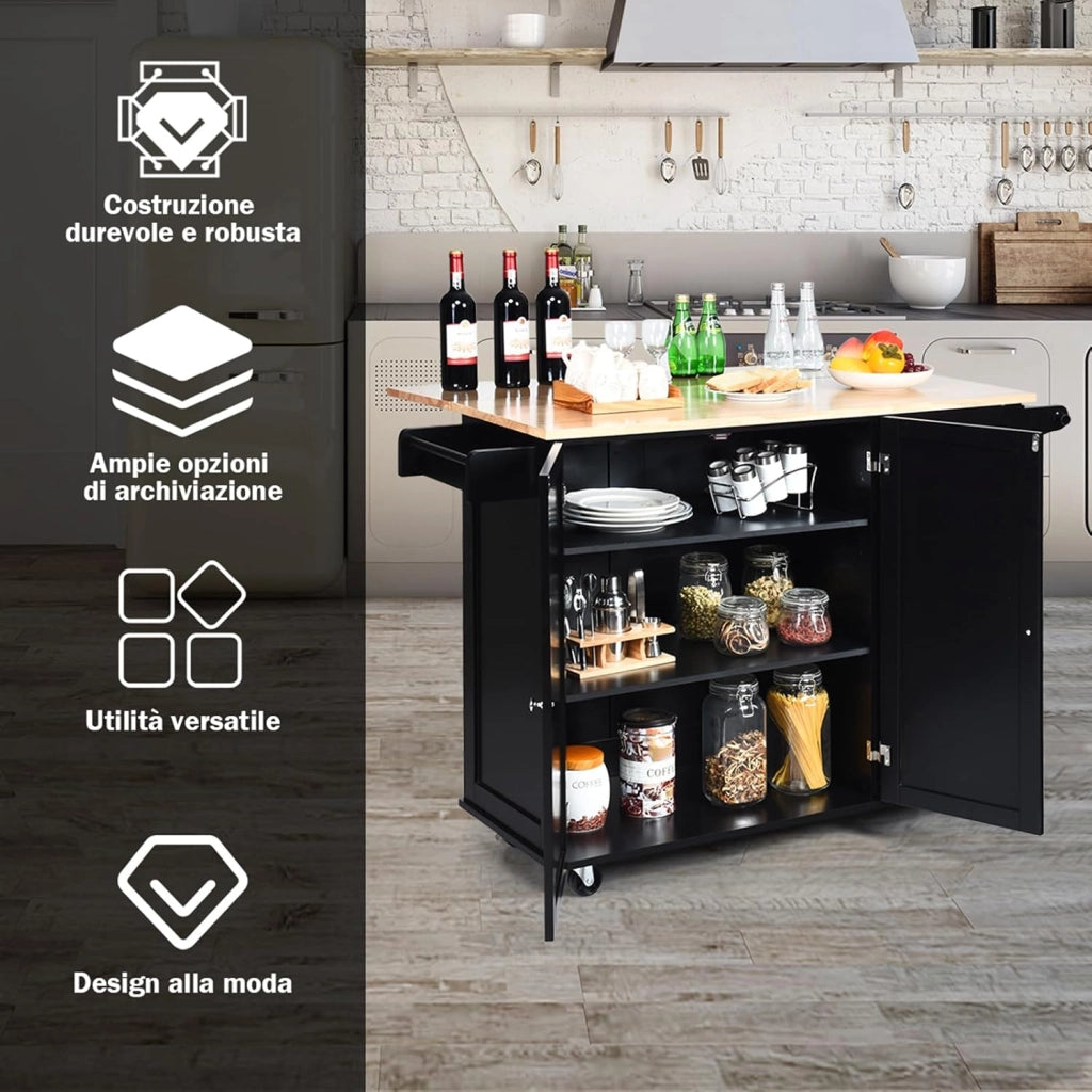 Carrello da Cucina in Legno, Credenza Cucina Salvaspazio con Mensole Regolabili, Armadietto per Microonde con Cassetti, 136 x 76 x 91 cm (Nero)